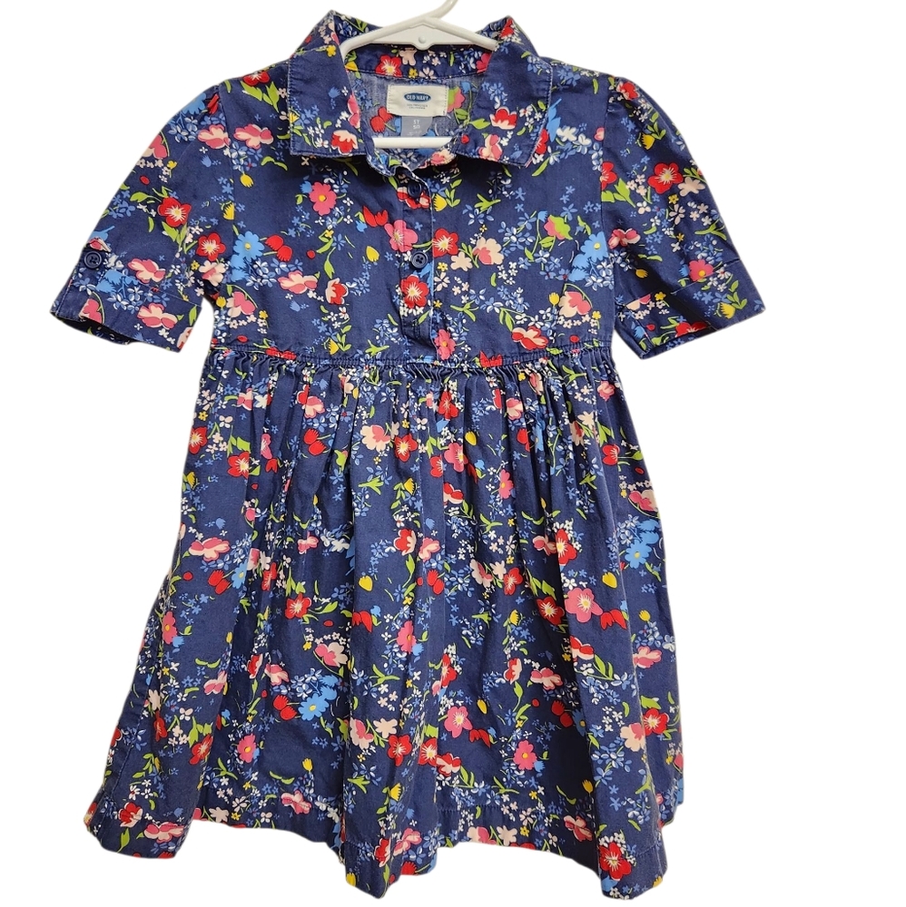 Old Navy Girls Navy‎ Blue Floral Embroidered Fit & Flare Cotton Shirt Kids Dress